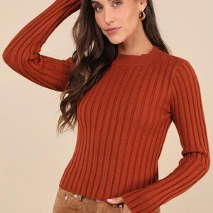 Lulus Snuggly Expression Rust Orange Ribbed Mock Neck Sweater Top - Size M